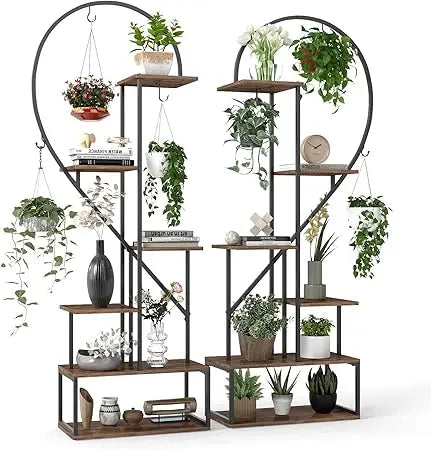 Tall Plant Stand Indoor, Metal Heart Shaped Plant Shelf for Plants Multiple with 6 Hanging Hooks & 12 Boards.