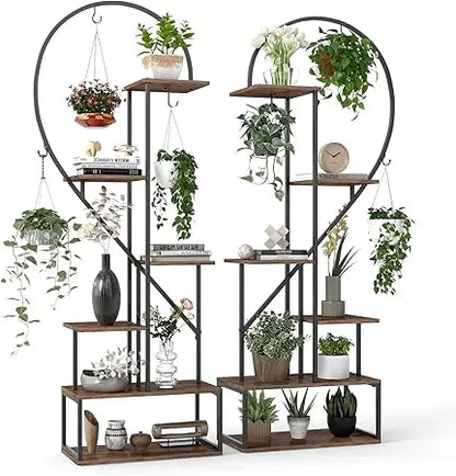Tall Plant Stand Indoor, Metal Heart Shaped Plant Shelf for Plants Multiple with 6 Hanging Hooks & 12 Boards.