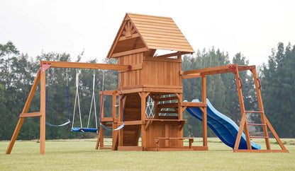 Wooden Play Fort with Swing Set, Slide, Monkey Bar & Plank Bridge