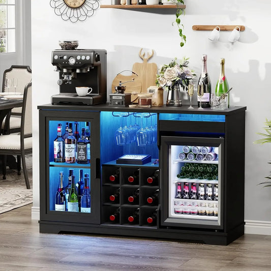 Wine & Liquor Bar Cabinet with LED Lights & Included Mini Fridge
