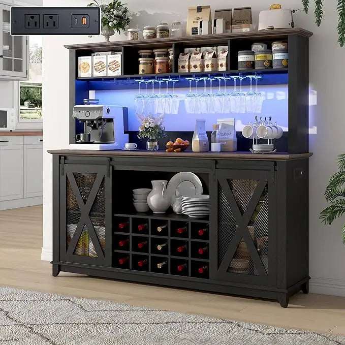 Farmhouse Coffee or Wine Buffet Cabinet with Power Outlet