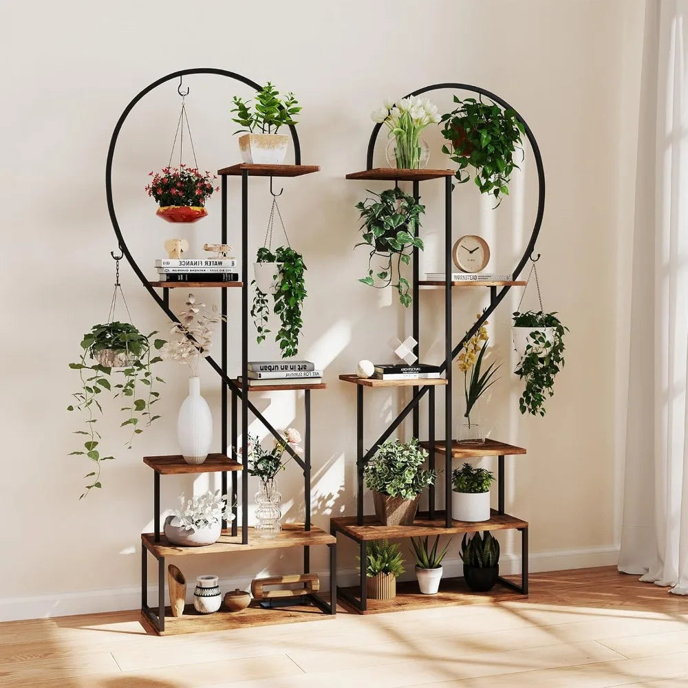 Tall Plant Stand Indoor, Metal Heart Shaped Plant Shelf for Plants Multiple with 6 Hanging Hooks & 12 Boards.