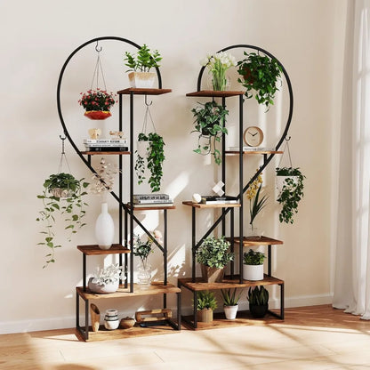 Tall Plant Stand Indoor, Metal Heart Shaped Plant Shelf for Plants Multiple with 6 Hanging Hooks & 12 Boards.