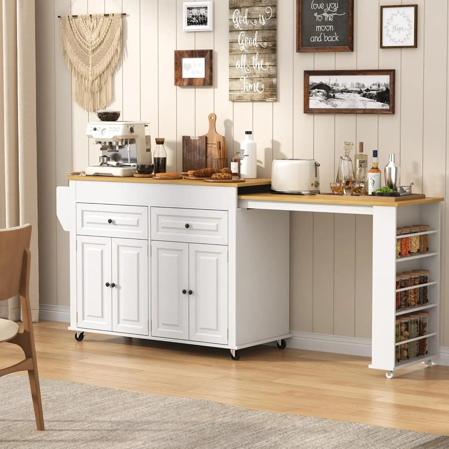 Extendable Kitchen Island with Dining Area & Power Outlet