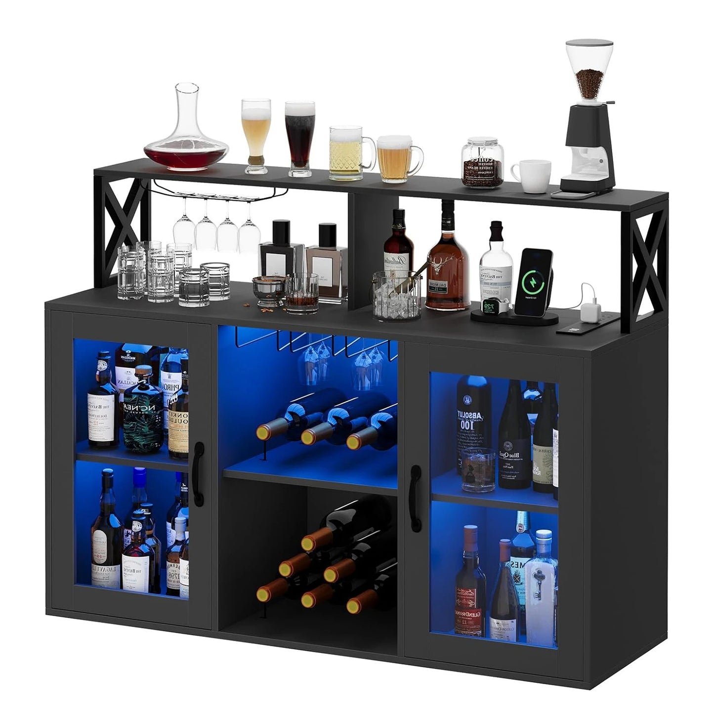 Farmhouse Wine Bar Cabinet with LED Light &Power Outlets