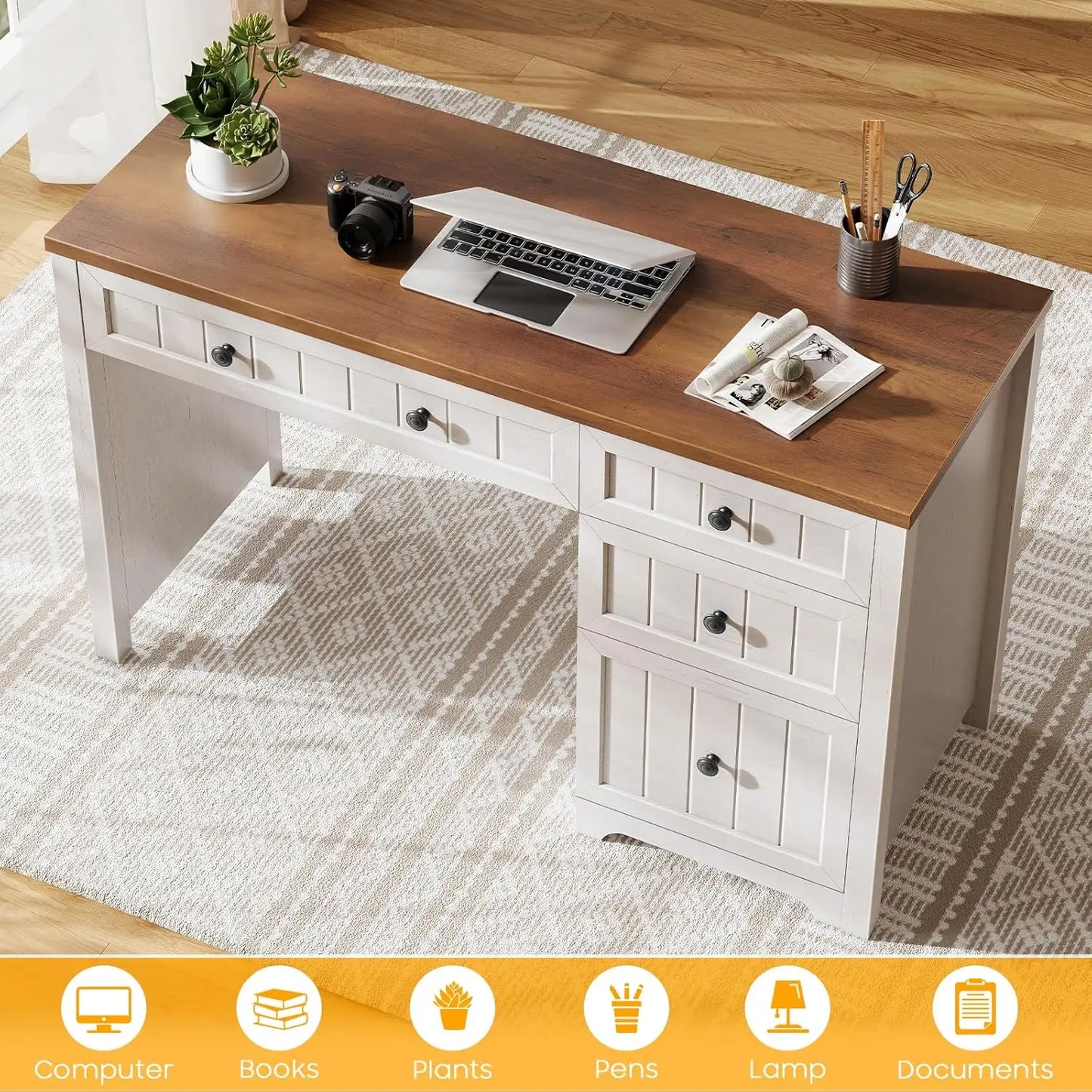Farmhouse Home Office Desk with File Cabinet & 4 Drawers