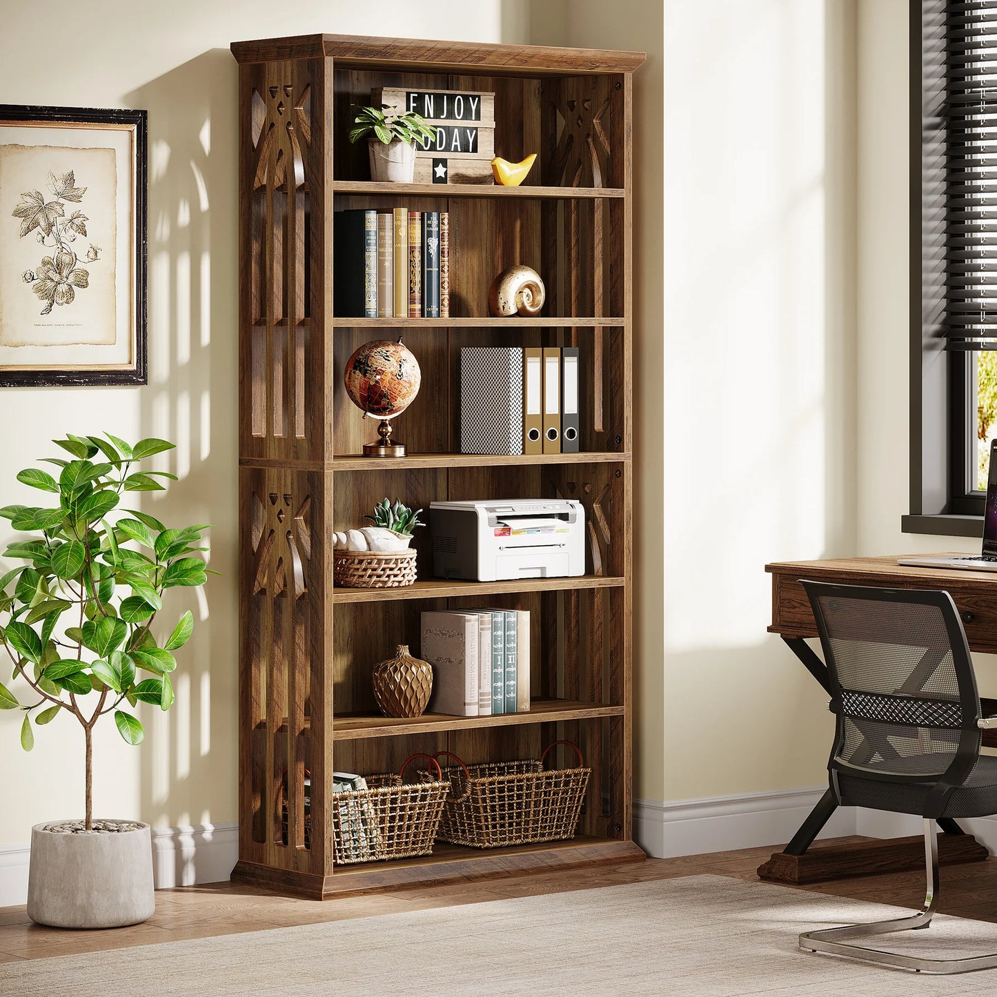 75" Tall Wooden Bookshelf with Display Shelves