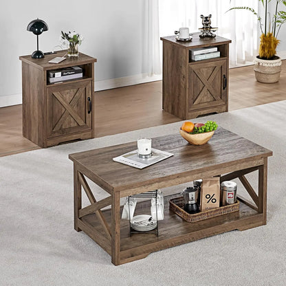 3-Piece Farmhouse Coffee & End Table Set with USB Ports