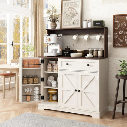 Farmhouse Coffee Bar Cabinet & Hutch with Charging Station