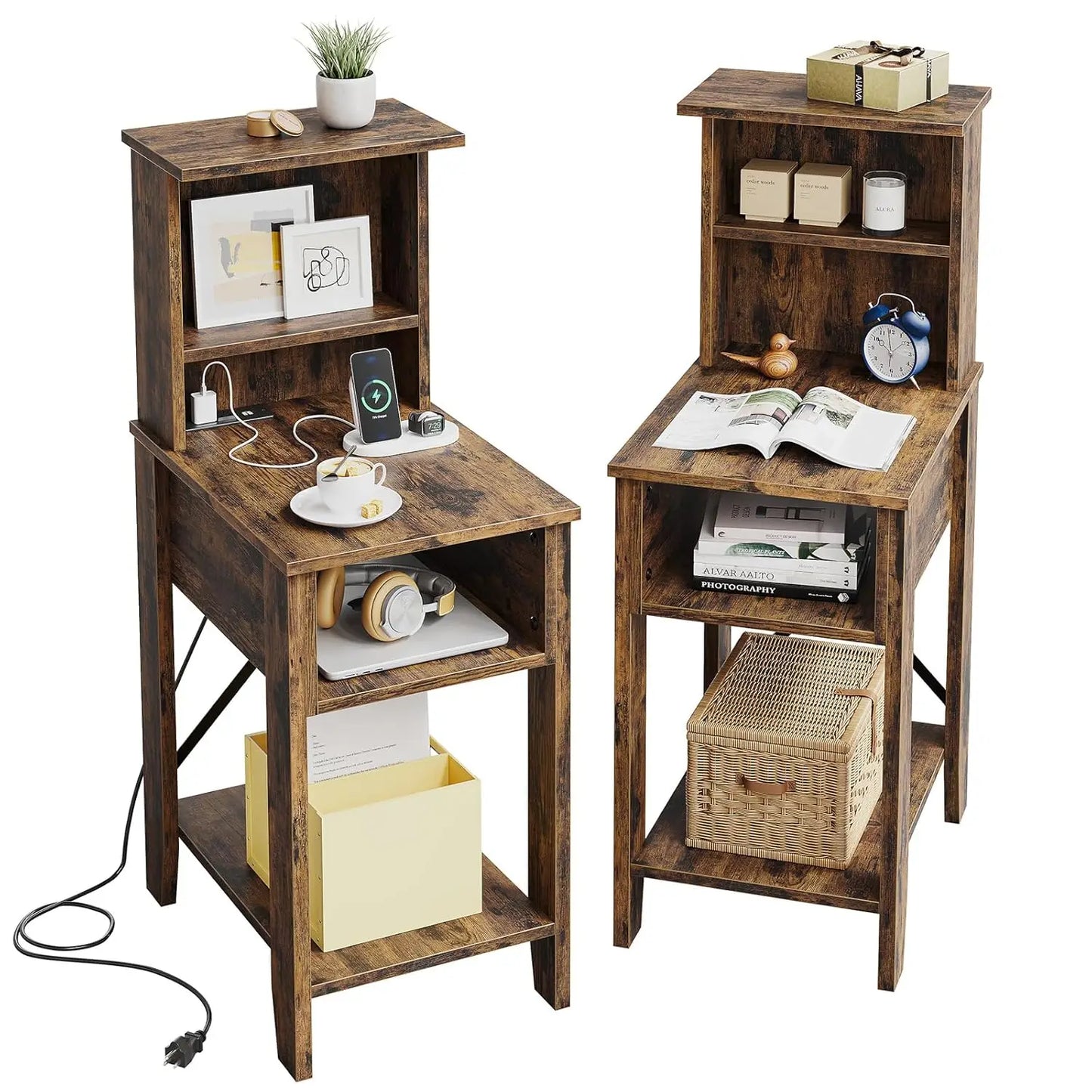 Set of 2 Rustic Nightstands with USB-C Charging Station