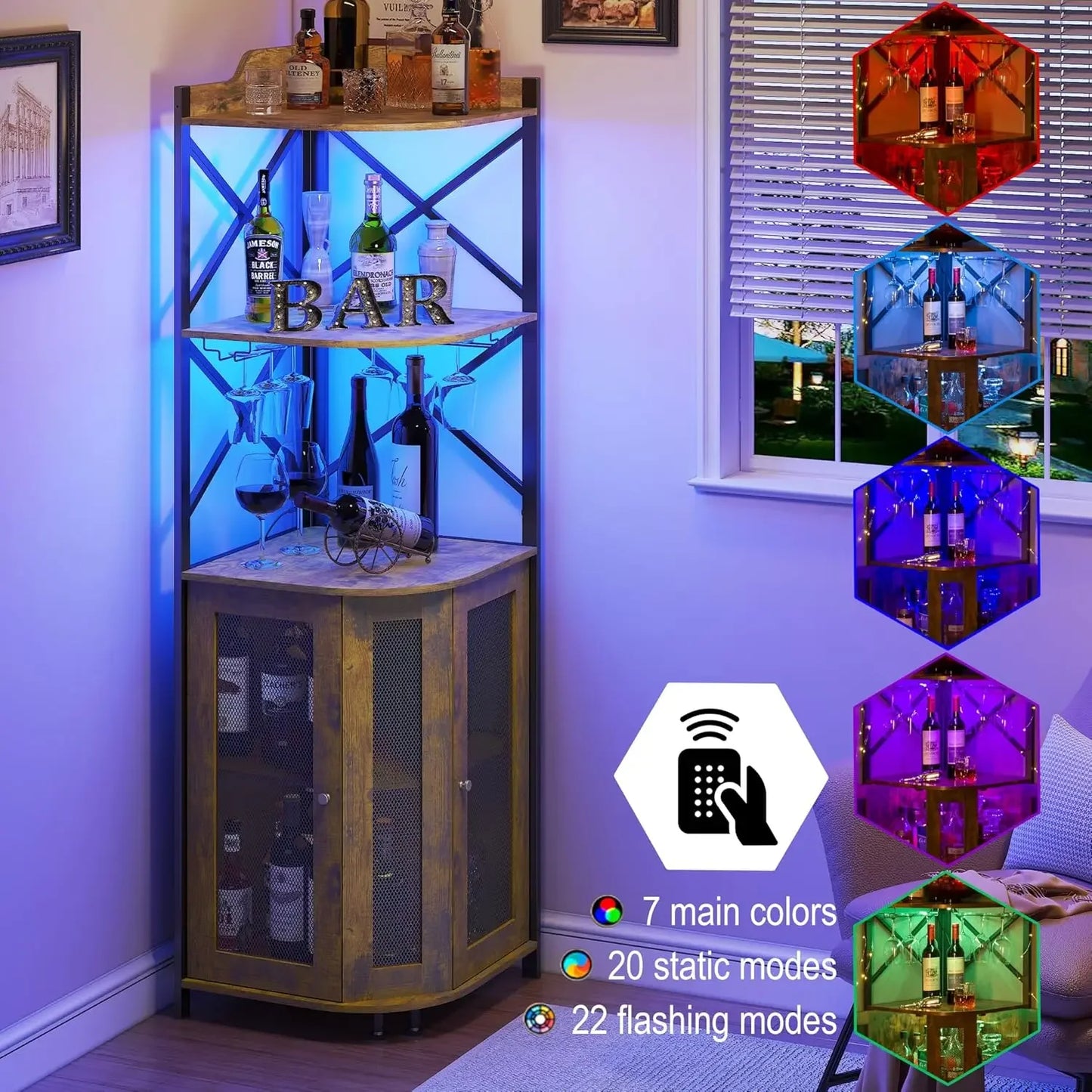 Farmhouse Corner Bar Cabinet with LED Lights & Glass Holders