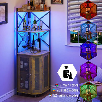 Farmhouse Corner Bar Cabinet with LED Lights & Glass Holders