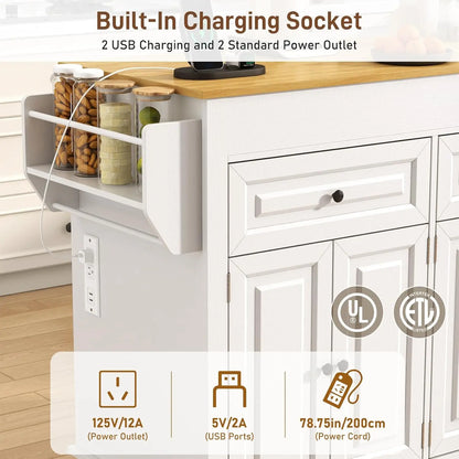 Extendable Kitchen Island with Dining Area & Power Outlet