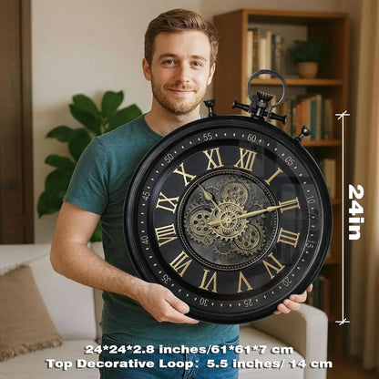 24" Farmhouse Wall Clock with Industrial Steampunk Gears