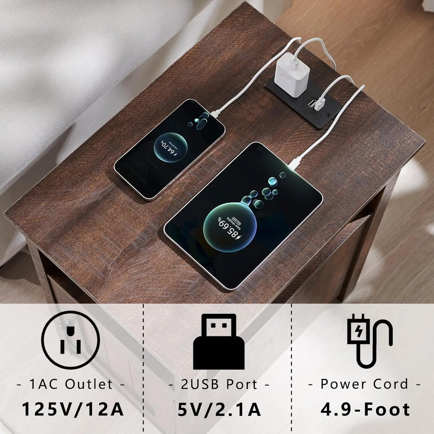 Farmhouse Nightstand Set of 2 with Charging Station