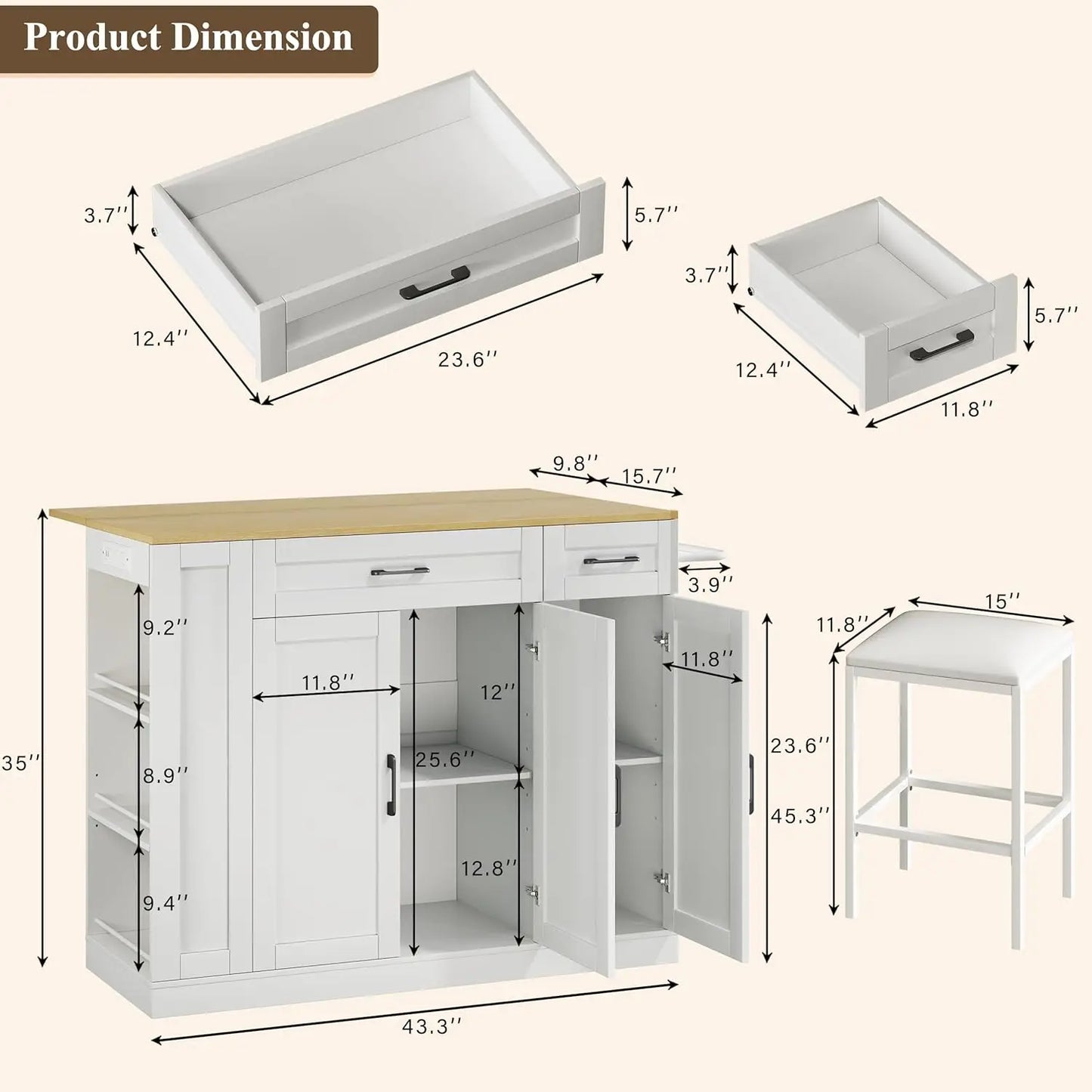 Rolling Kitchen Island with Drop Leaf & Spice Rack Shelf