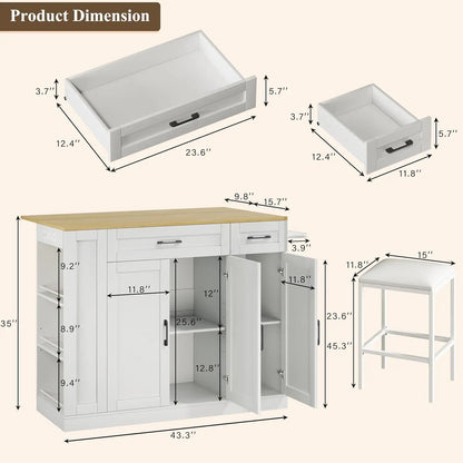 Rolling Kitchen Island with Drop Leaf & Spice Rack Shelf
