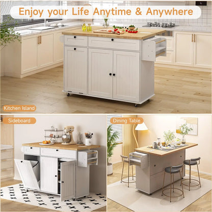 Mobile Kitchen Island with Trash Storage Cabinet & Power Outlet