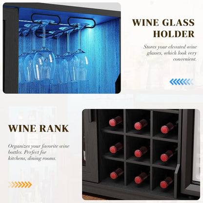 Wine & Liquor Bar Cabinet with LED Lights & Included Mini Fridge