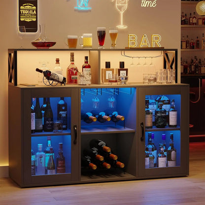 Farmhouse Wine Bar Cabinet with LED Light &Power Outlets