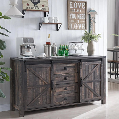 Rustic Farmhouse Coffee Bar Cabinet with Sliding Barn Doors