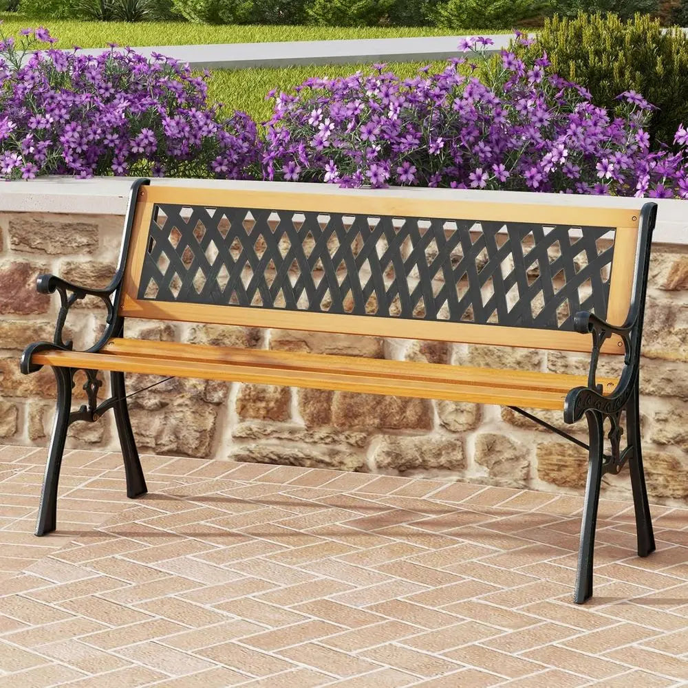 Outdoor Garden Bench with Cast Iron & Hardwood