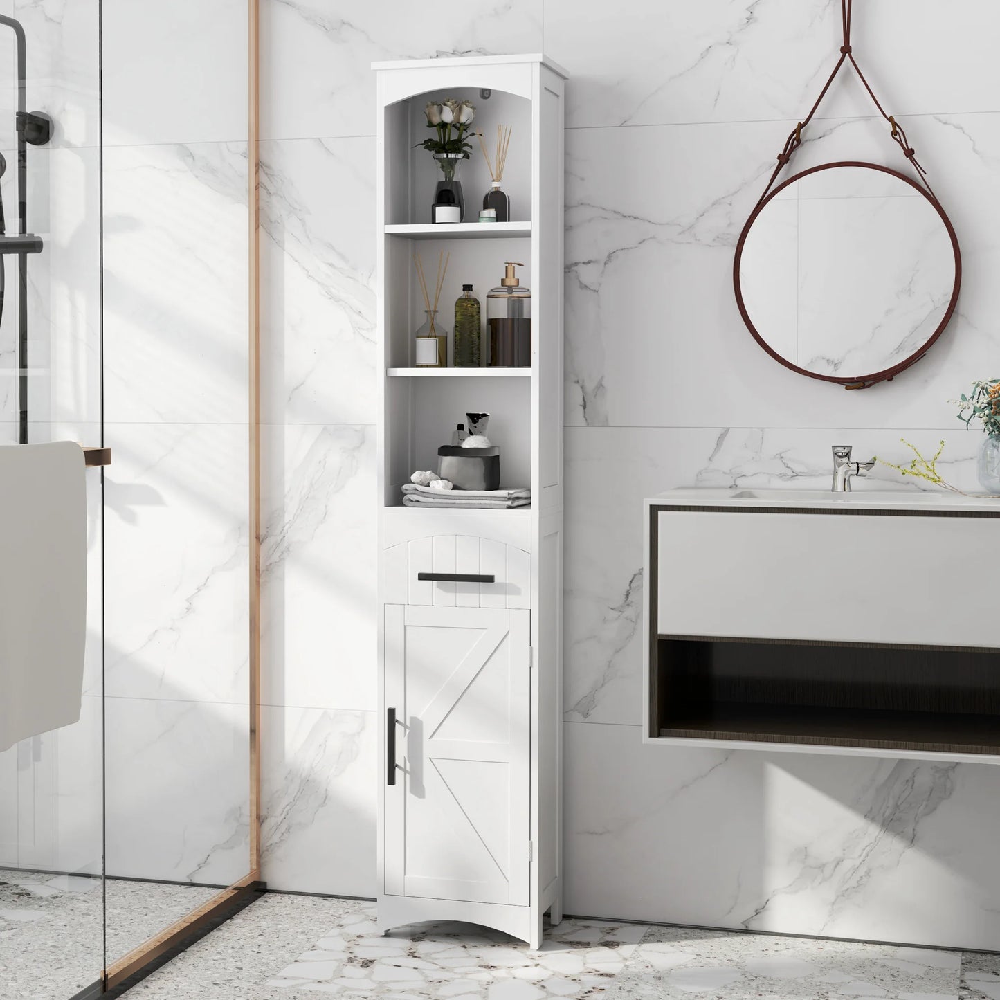 66.9" Tall, Farmhouse Storage Cabinet for Bathroom