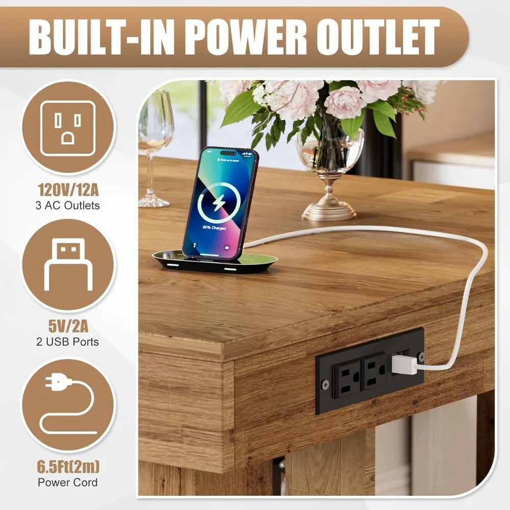3-Tier, Farmhouse Kitchen Island with Power Outlets