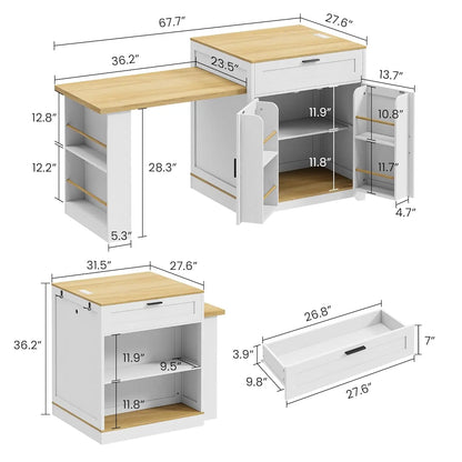 Extendable Farmhouse Kitchen Island with Dining Table & Spice Rack
