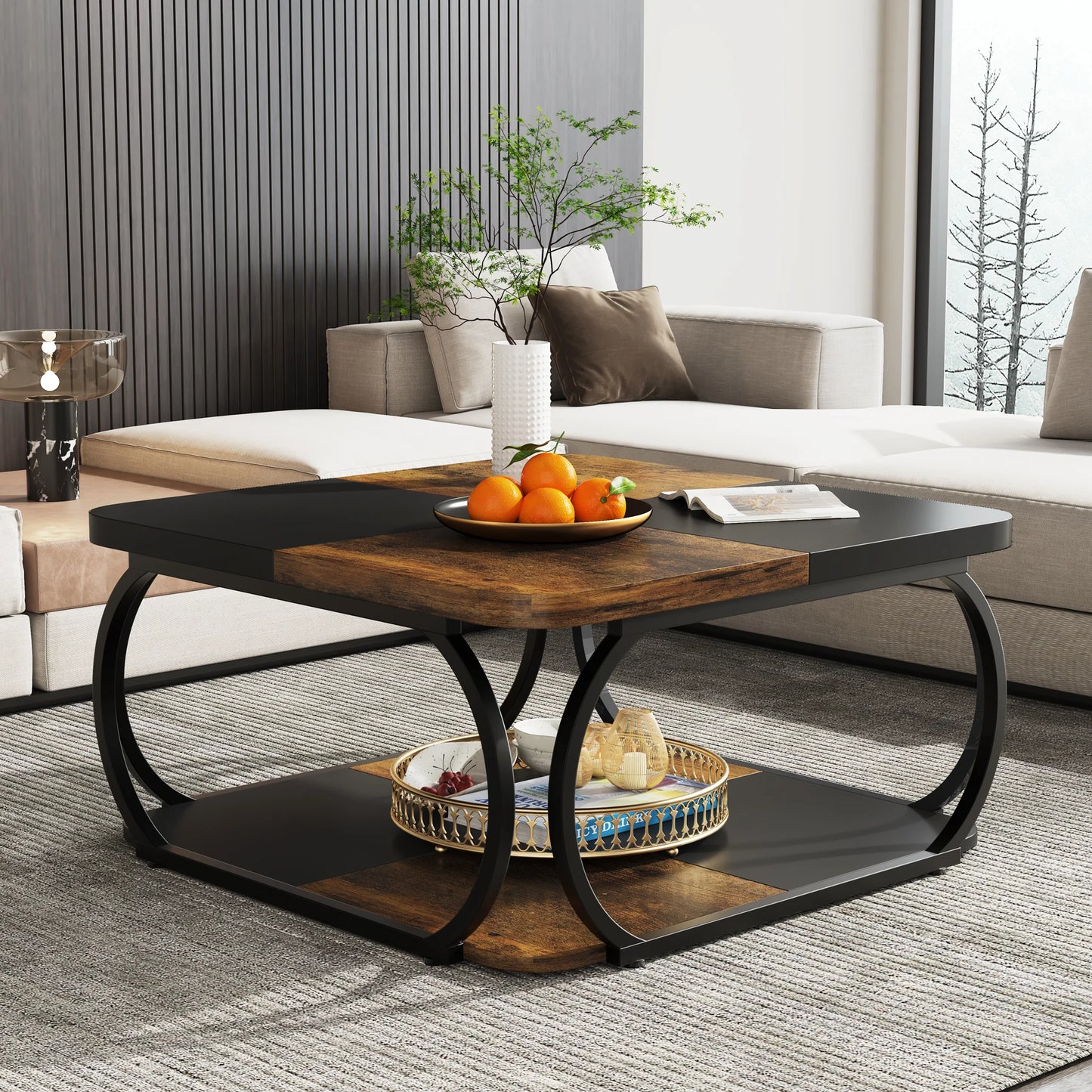 Farmhouse Coffee Table with Wood Storage Shelf