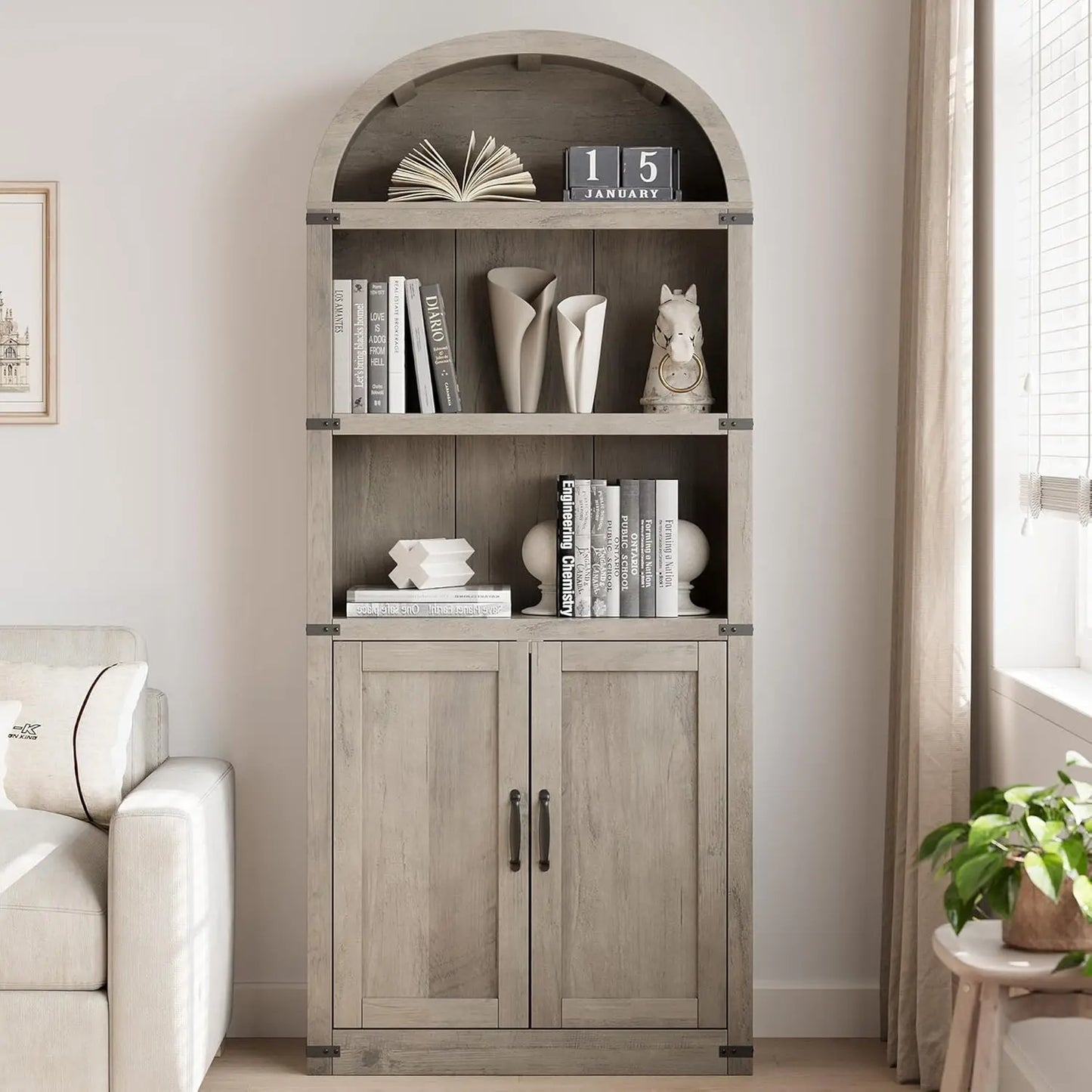 71.5" Tall, Arched Farmhouse Bookshelf & Cabinet with Doors