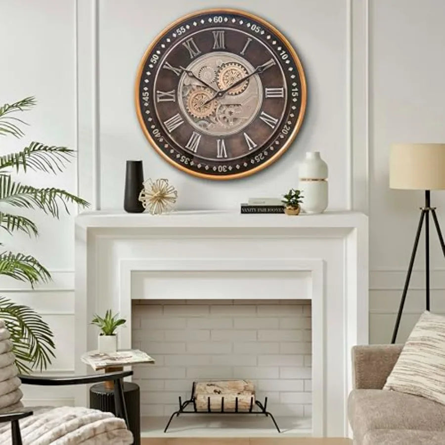 24" Industrial Steampunk Style Wall Clock with Moving Gears