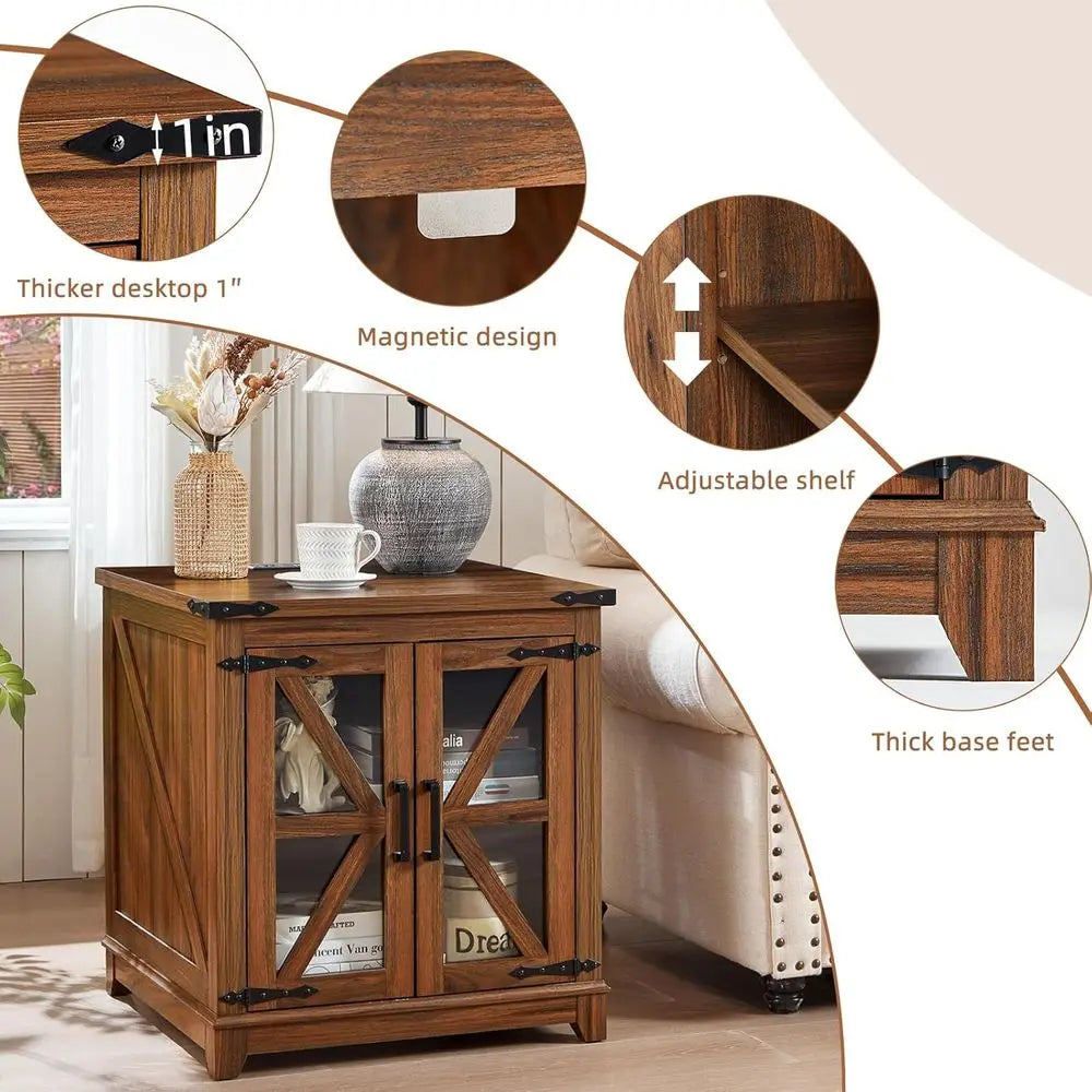 Set of 2 Farmhouse End Tables with Glass Doors