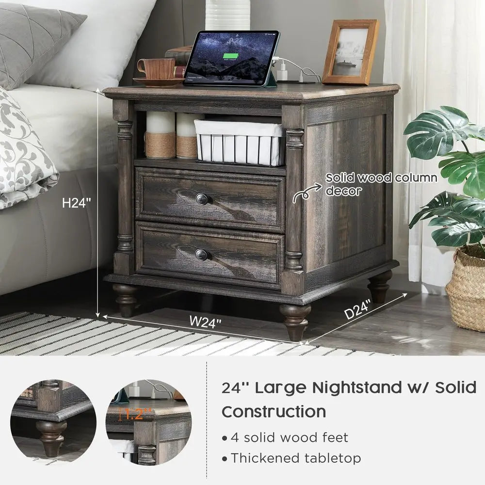 Farmhouse End Table with 4 Solid Wood Feet & Charging Station