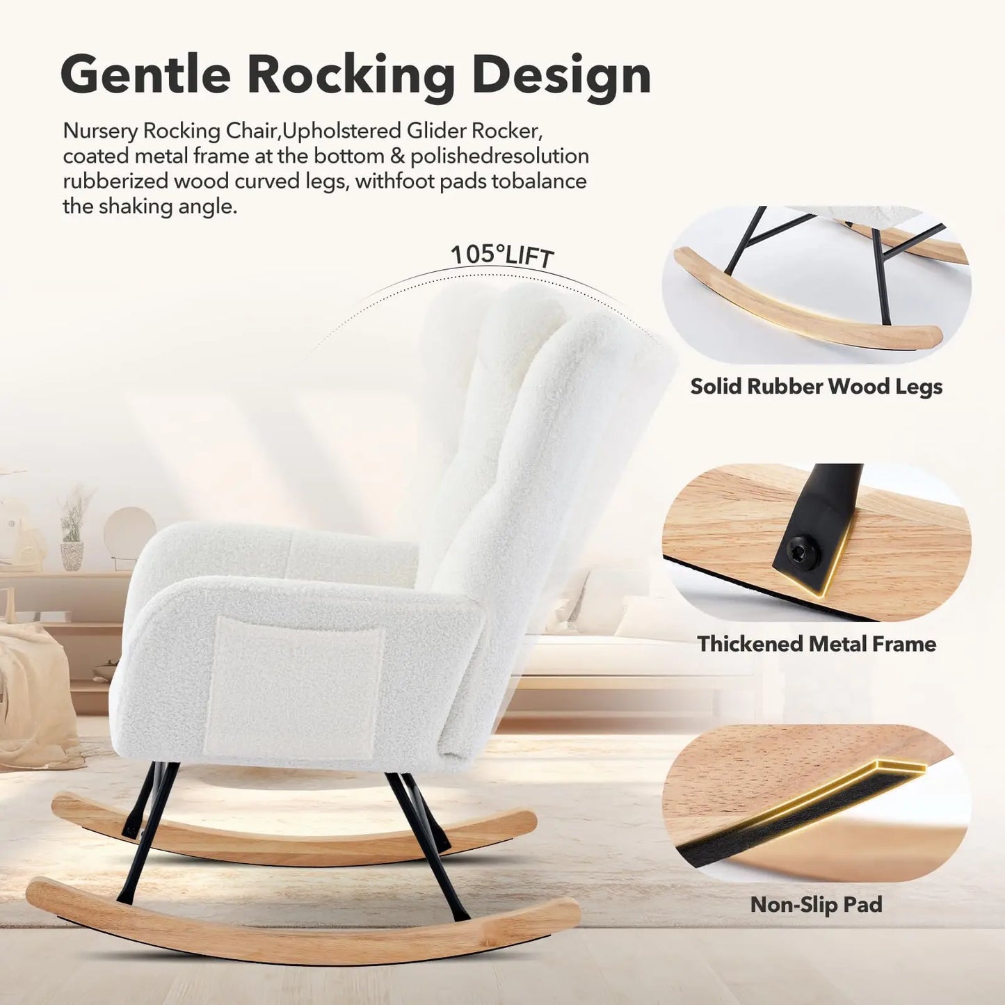 Nursery Rocking Chair with Padded Seat & High Backrest