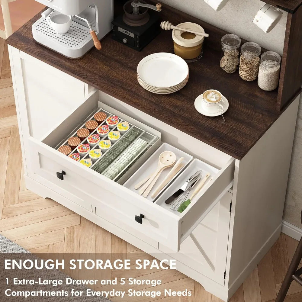 Farmhouse Coffee Bar Cabinet & Hutch with Charging Station