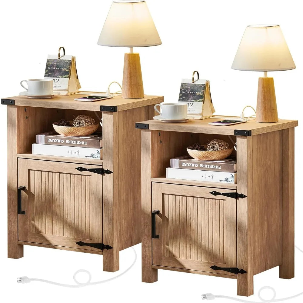 Set of 2 Farmhouse Night Stands or End Tables with Charging Station