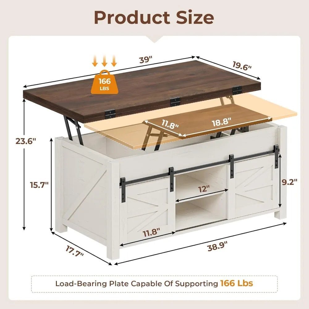 Lift Top Farmhouse Coffee Table with Adjustable Shelves