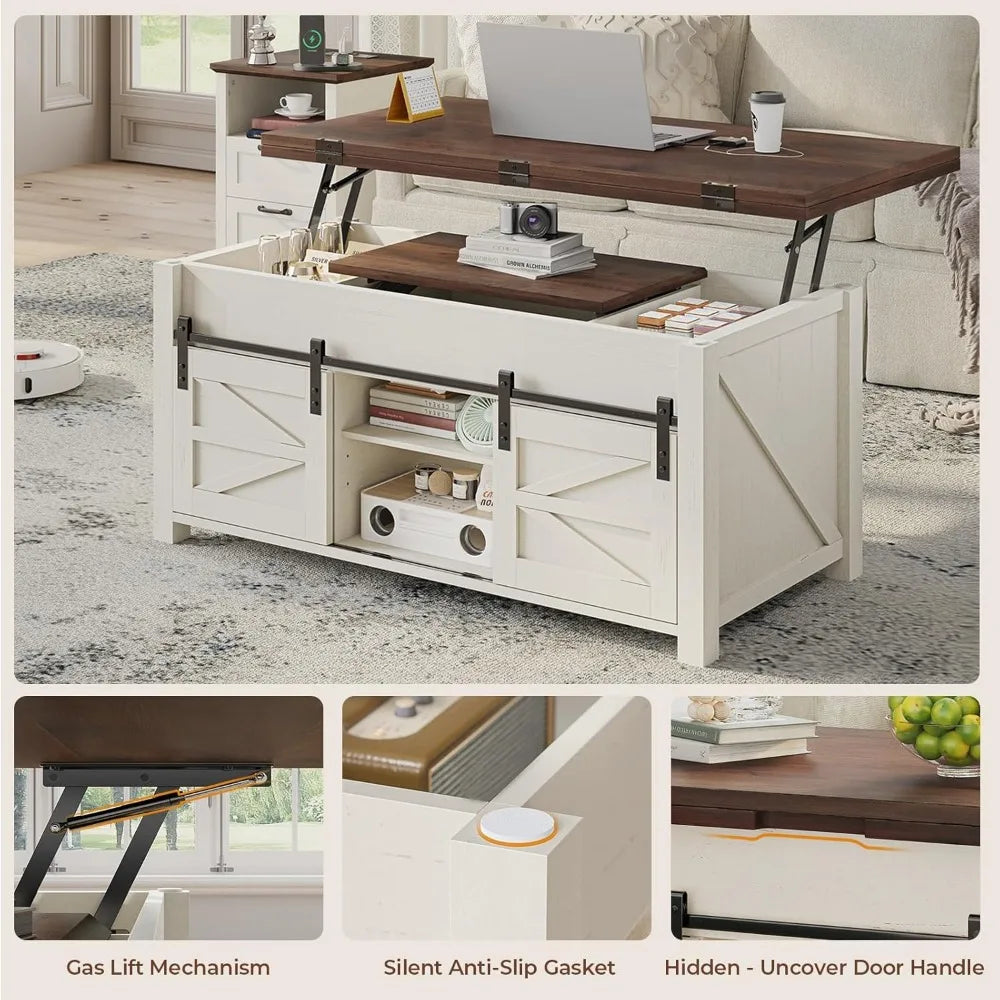 Lift Top Farmhouse Coffee Table with Adjustable Shelves