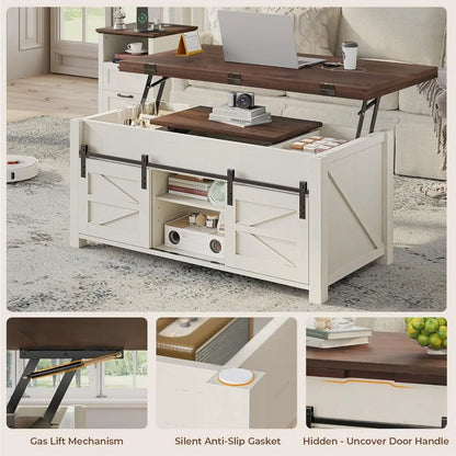 Lift Top Farmhouse Coffee Table with Adjustable Shelves