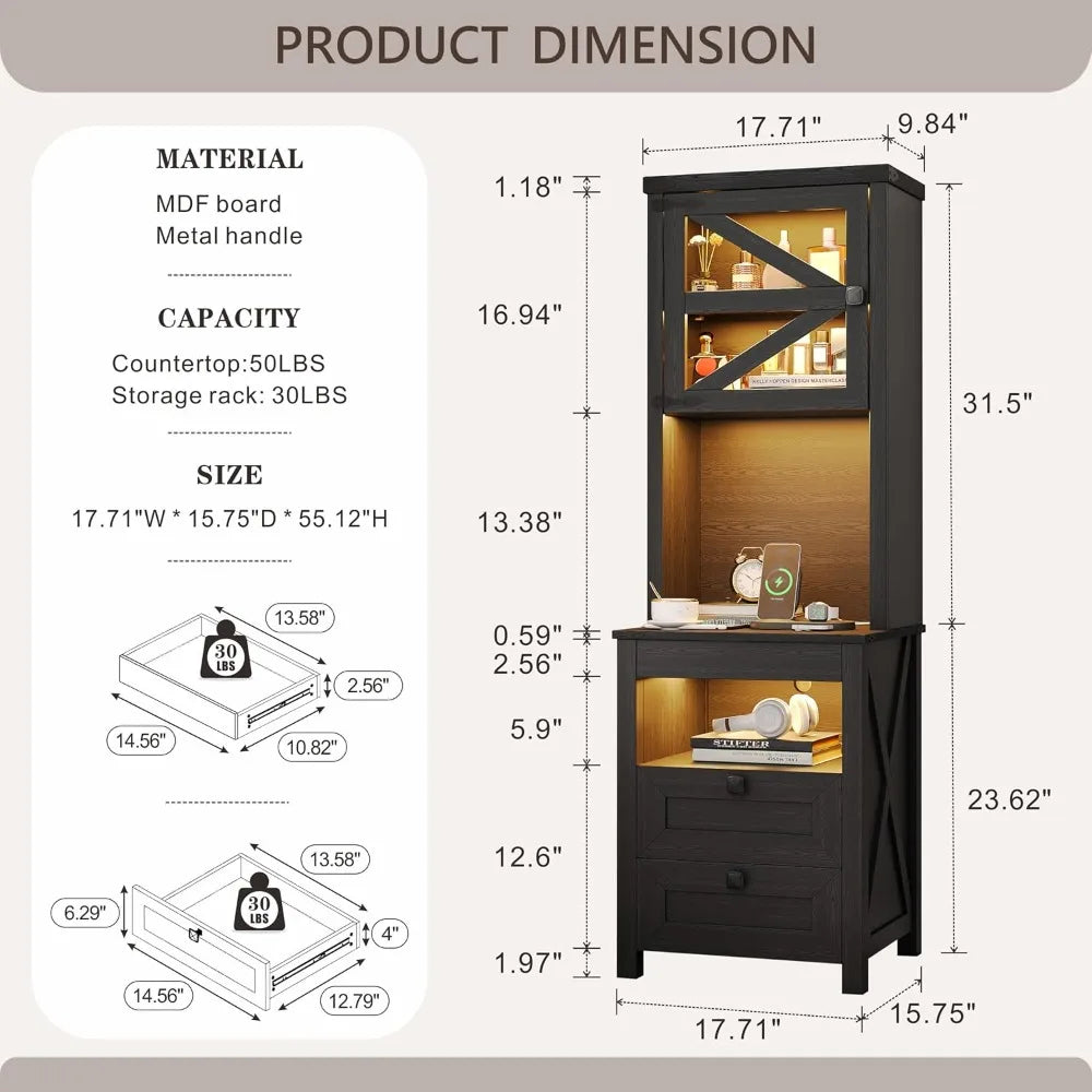 Farmhouse Night Stand with Charging Station & LED Lights