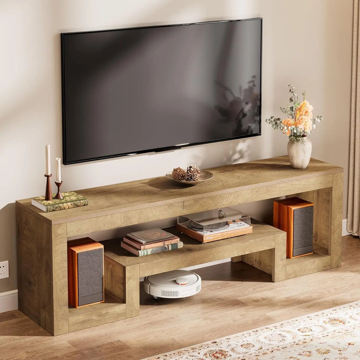 Farmhouse TV Stand with Open Storage Shelves