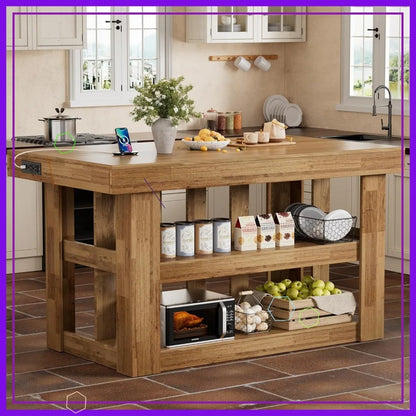 3-Tier, Farmhouse Kitchen Island with Power Outlets