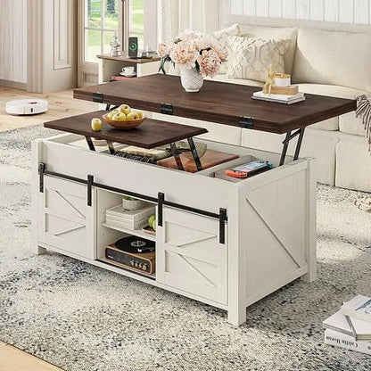 Lift Top Farmhouse Coffee Table with Adjustable Shelves