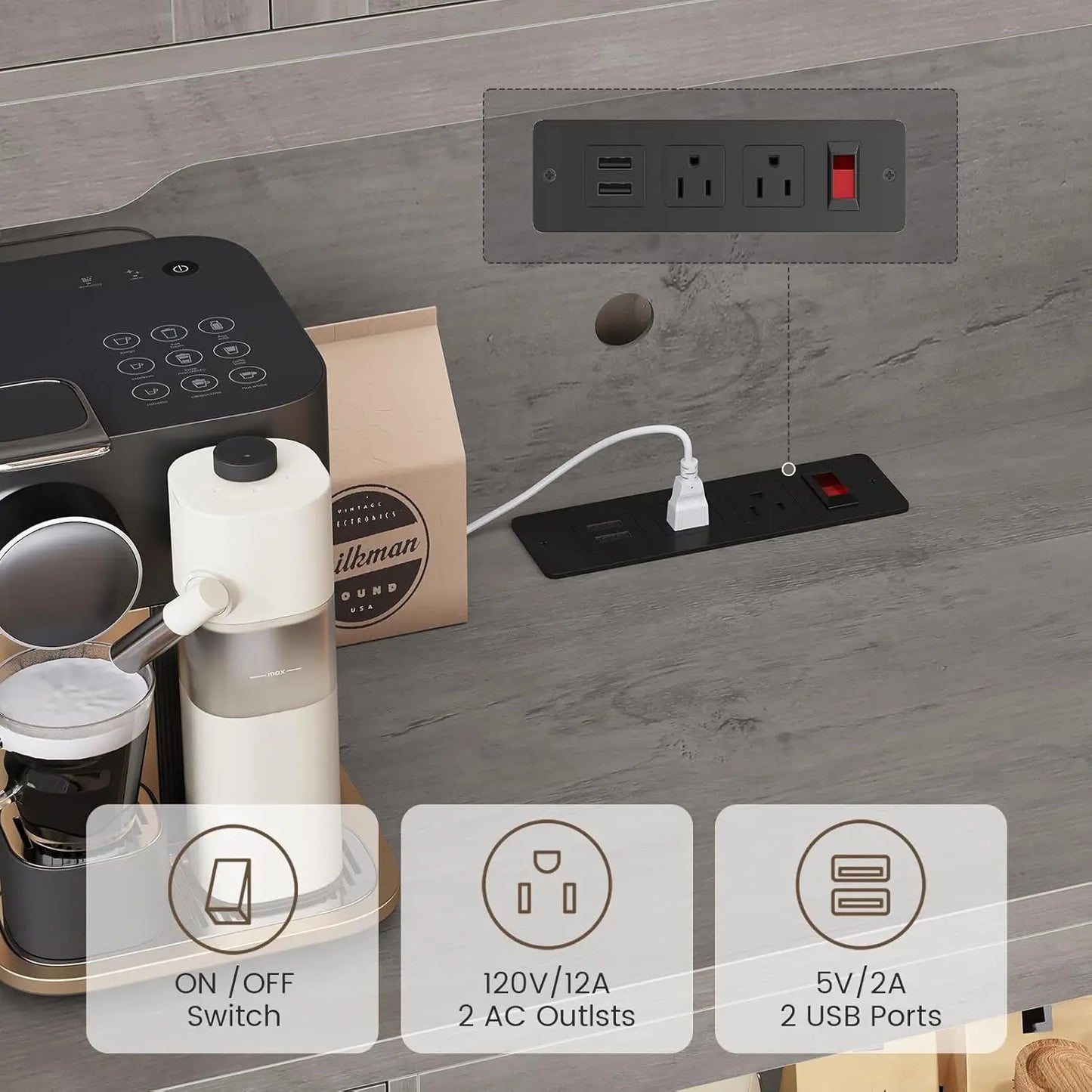 Kitchen Pantry Cabinet with Charging Station & LED Light