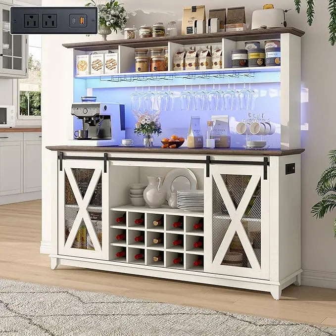 Farmhouse Coffee or Wine Buffet Cabinet with Power Outlet