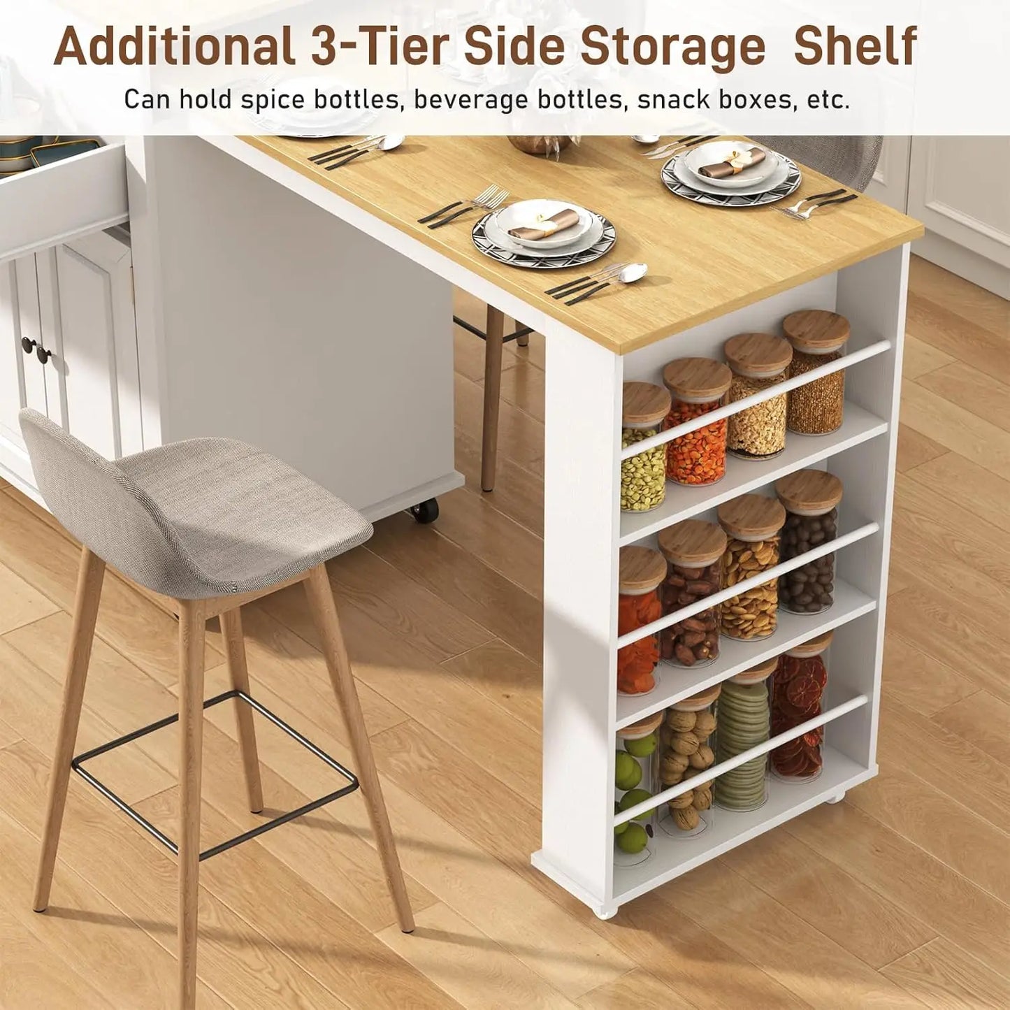 Extendable Kitchen Island with Dining Area & Power Outlet