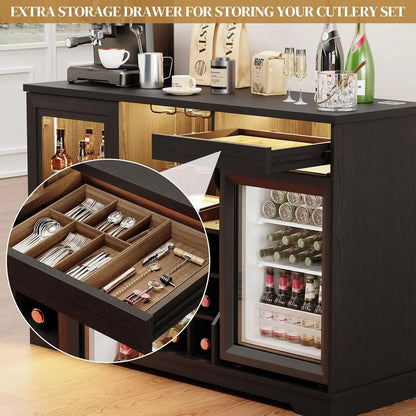 Wine & Liquor Bar Cabinet with LED Lights & Included Mini Fridge