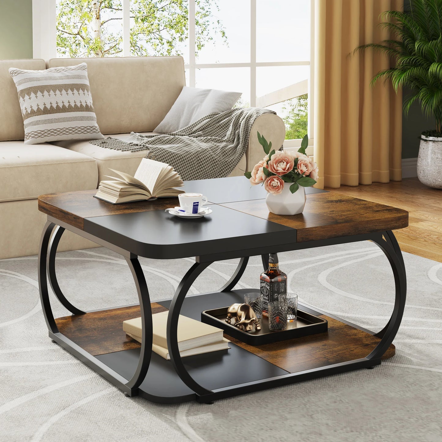 Farmhouse Coffee Table with Wood Storage Shelf