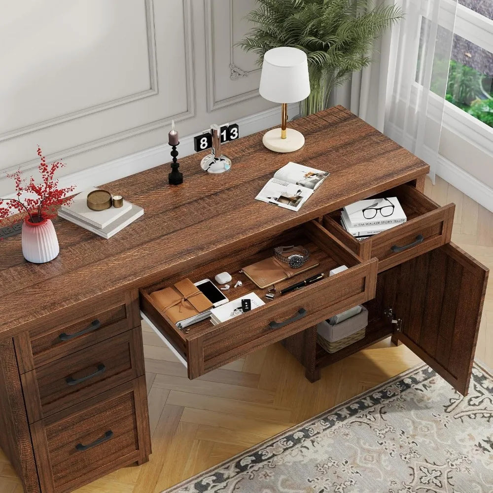 Farmhouse Home Office Desk with Drawers & Storage Cabinet
